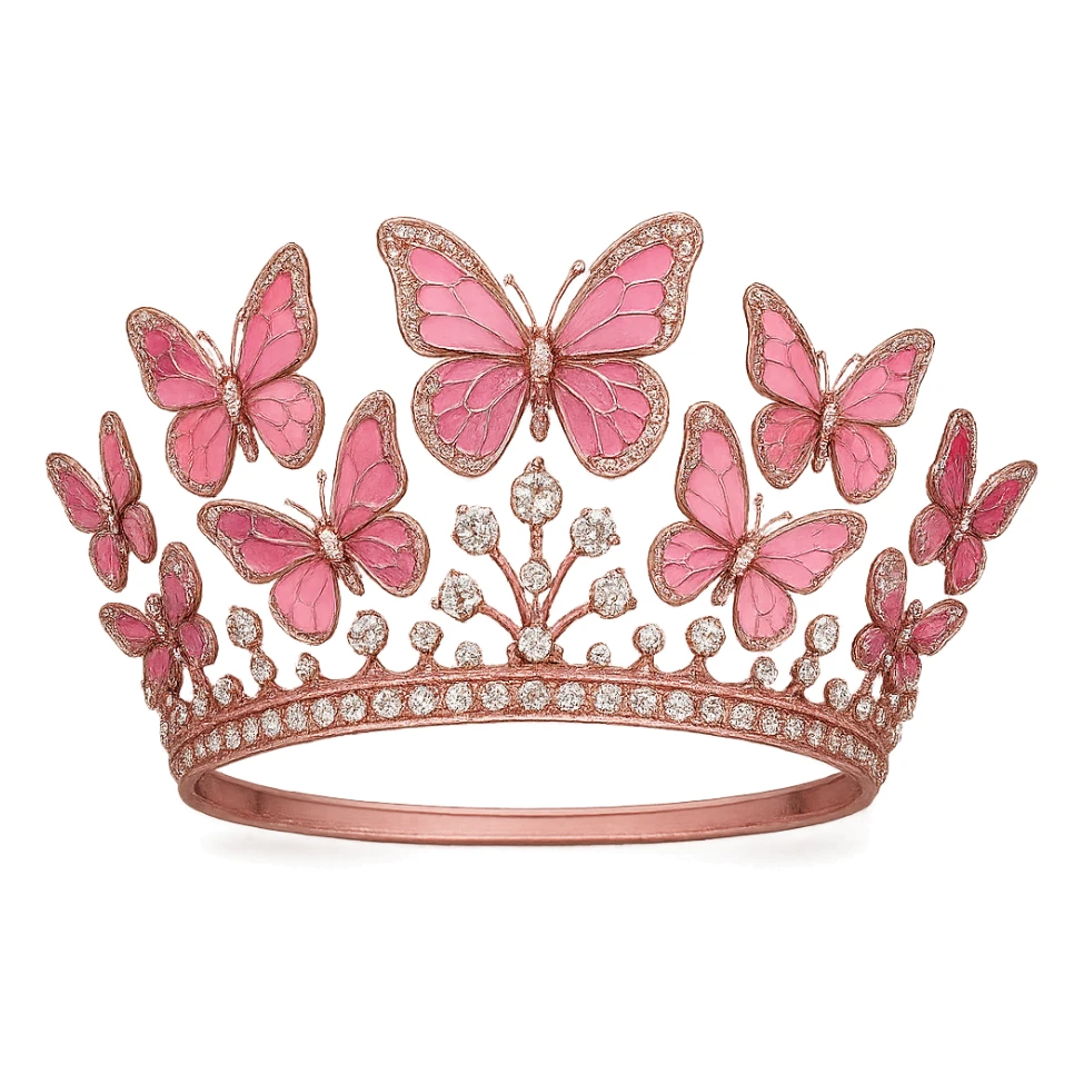 butterfly crown with a pink base, butterflies in various pink enamel shades, sparkling gems, transparent background sticker
