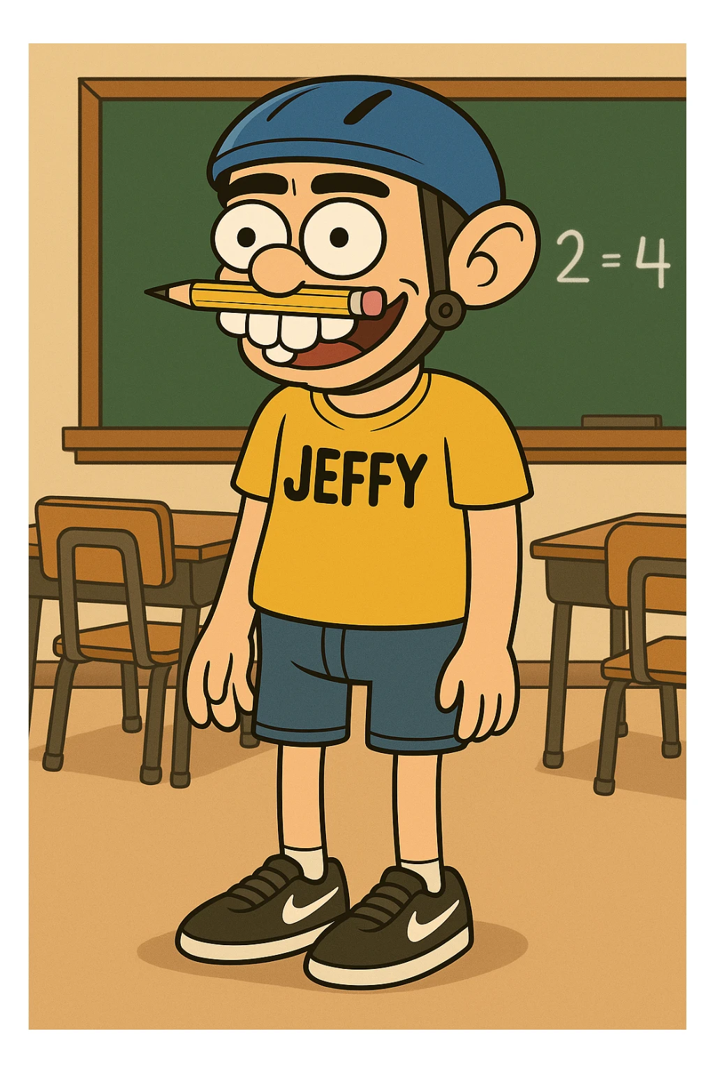 Add a playful classroom background with a chalkboard and desks, keeping the cartoon style consistent with flat toon style. sticker