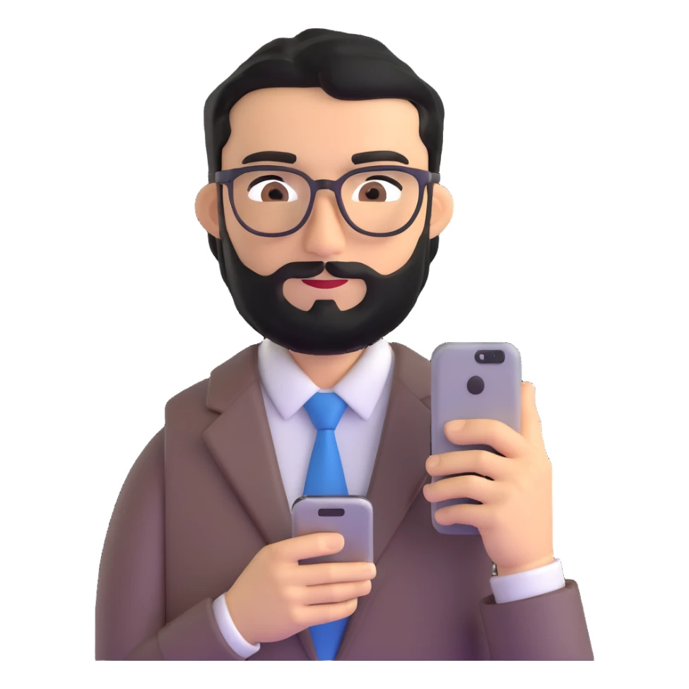 professional man with medium black beard, neat black hair, connected unibrow, olive tan skin, brown eyes, glasses, prominent nose, wearing business casual attire, holding a smartphone in hand sticker