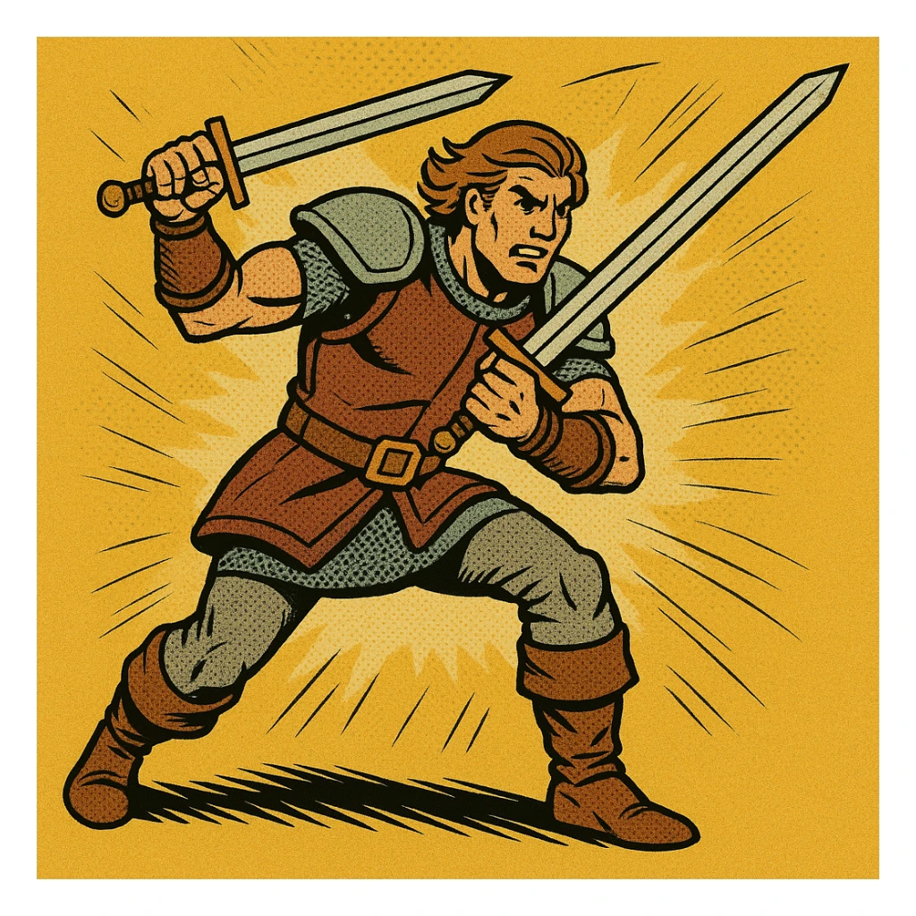 warrior RPG class, dynamic action pose, light armor, dual wielding swords, energetic, comic book style sticker