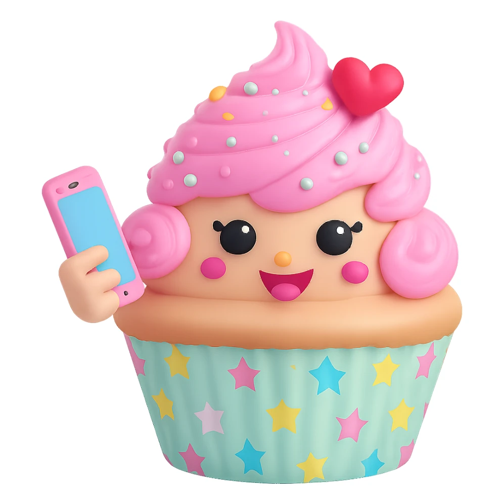 Change the cupcake wrapper pattern to pastel stars, keep the rest of the 3D kawaii cupcake character the same, no background, transparent PNG. The style is 3D kawaii cupcake character with a focus on pastel colors and a cute appearance. sticker