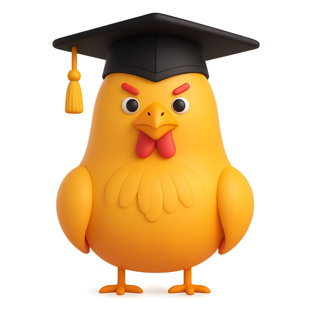 Add a graduation cap to the clever chicken, 3d emoji style, no background. sticker