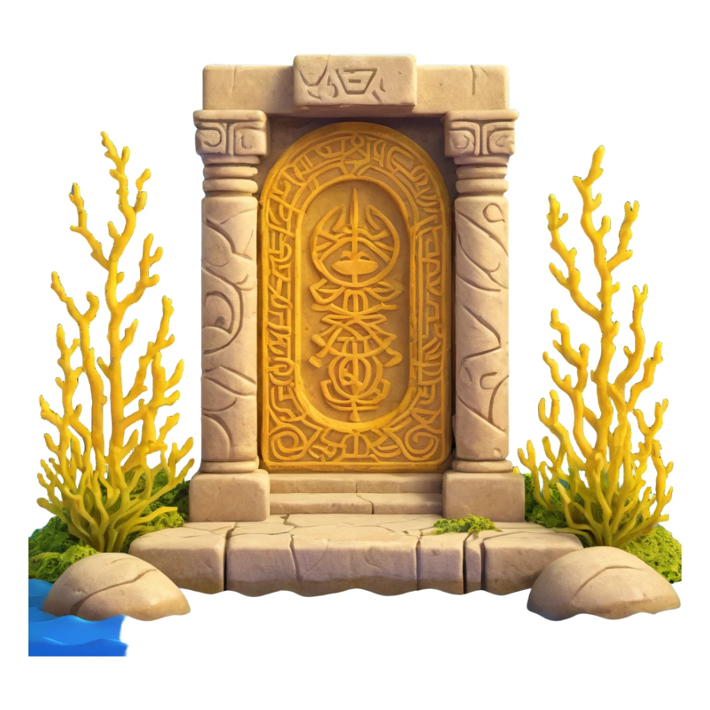 ancient Anunnaki golden underwater base, weathered stone, overgrown with seaweed, mysterious carvings sticker