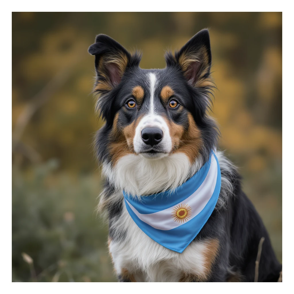 Border Collie dog with subtle Argentinian flag collar, photorealistic, standing, alert posture sticker