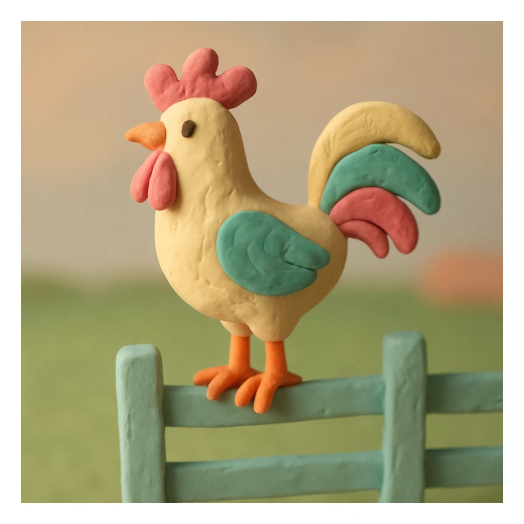 rooster standing on a fence, pastel colors, visible fingerprints, playful and textured in claymation style sticker