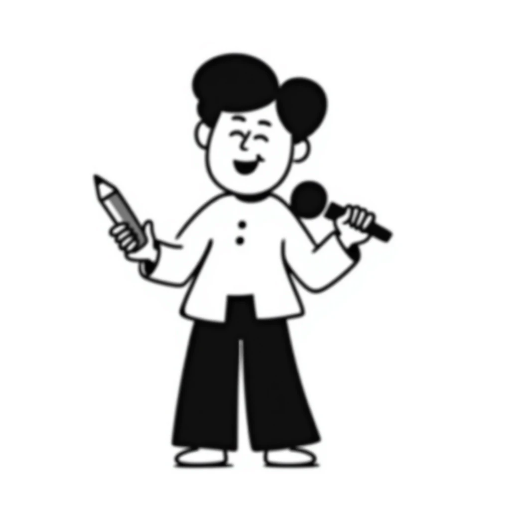 joyful singer with big smile holding a microphone in left hand and pencil in right hand sticker