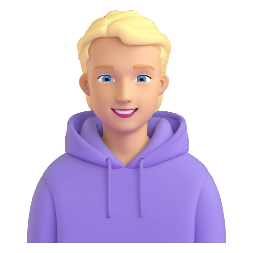 smiling blonde man with blue eyes in a lilac hoodie sticker