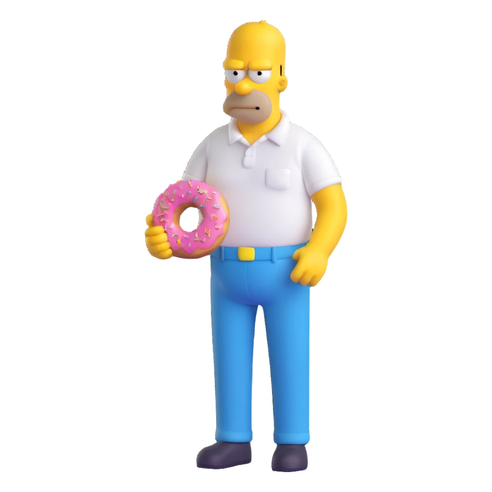 Homer Simpson 3D style, yellow skin, bald, white shirt, blue pants, holding a donut sticker