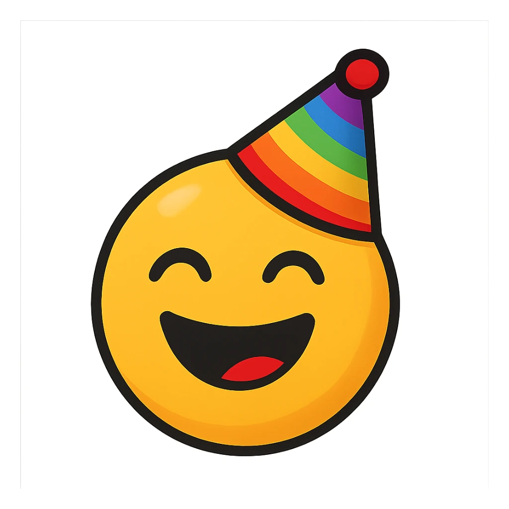 yellow face with rainbow party hat emoji, digital illustration sticker