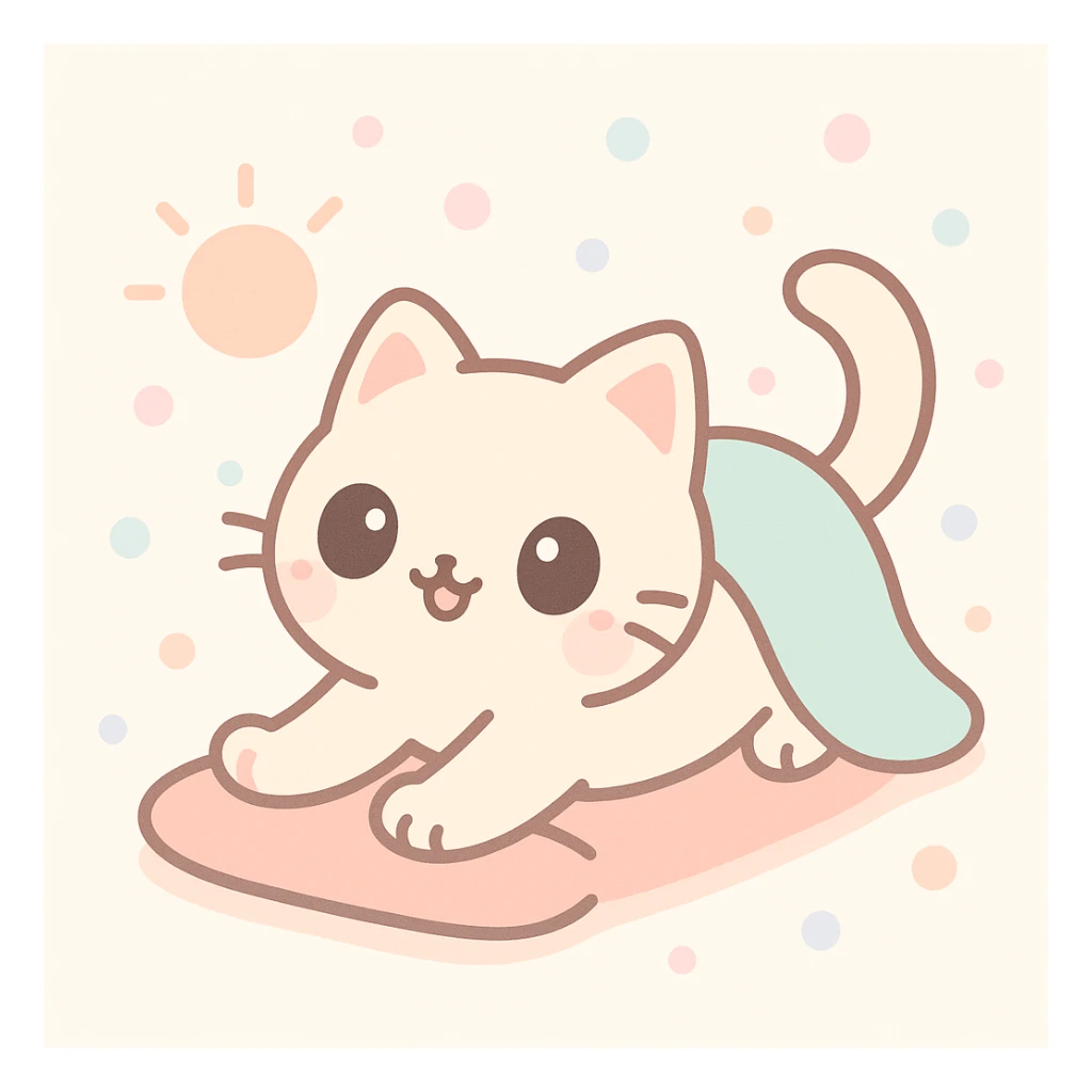 a cute cat that just woke up, soft fur, big eyes, stretching, cozy morning light, kawaii style sticker