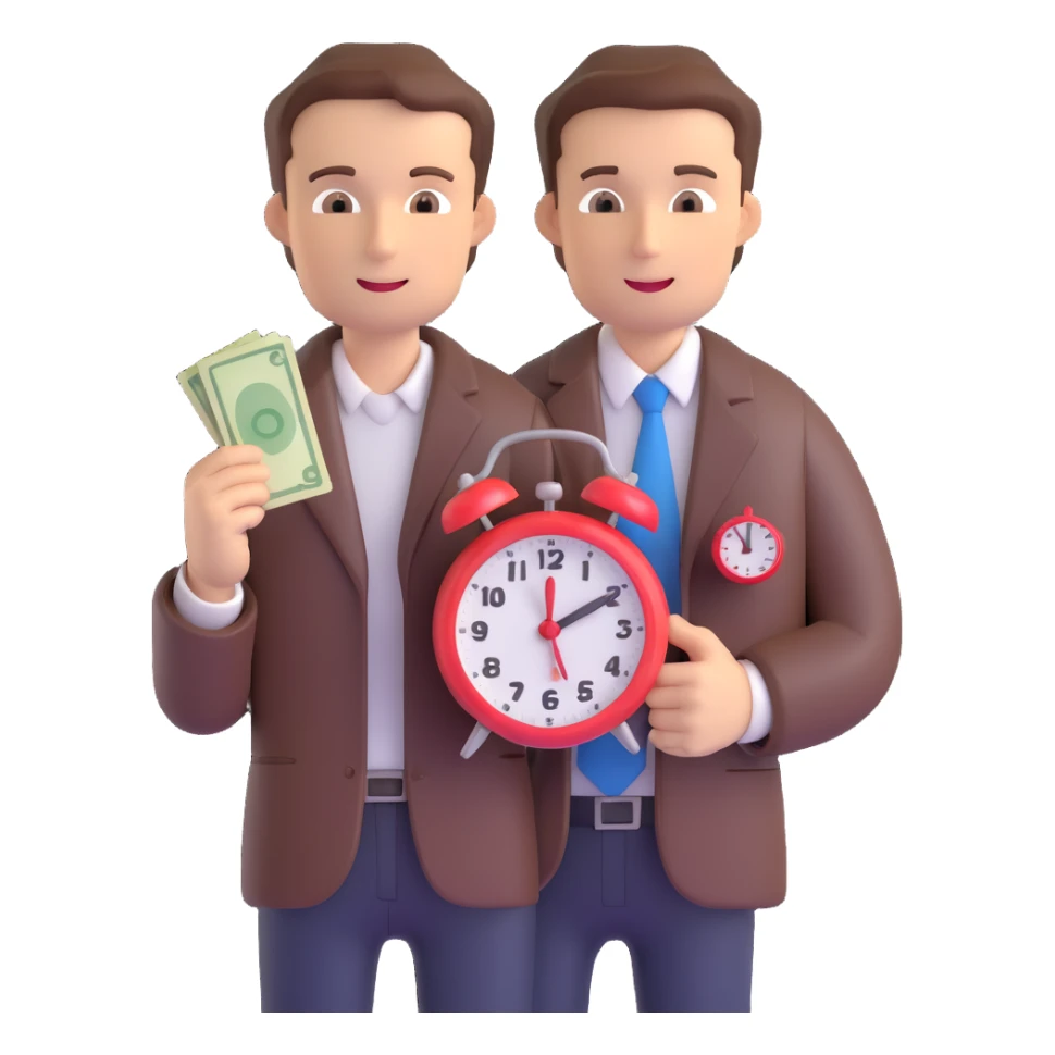 A man with short brown hair holding an alarm clock and money sticker