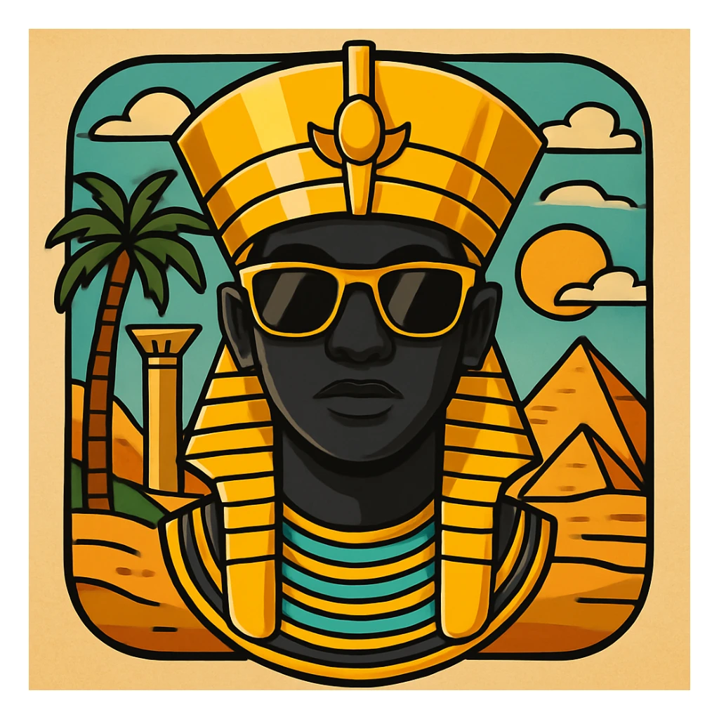 Add an Egyptian background behind the pharaoh with sunglasses and black skin, maintaining the sticker style look. sticker