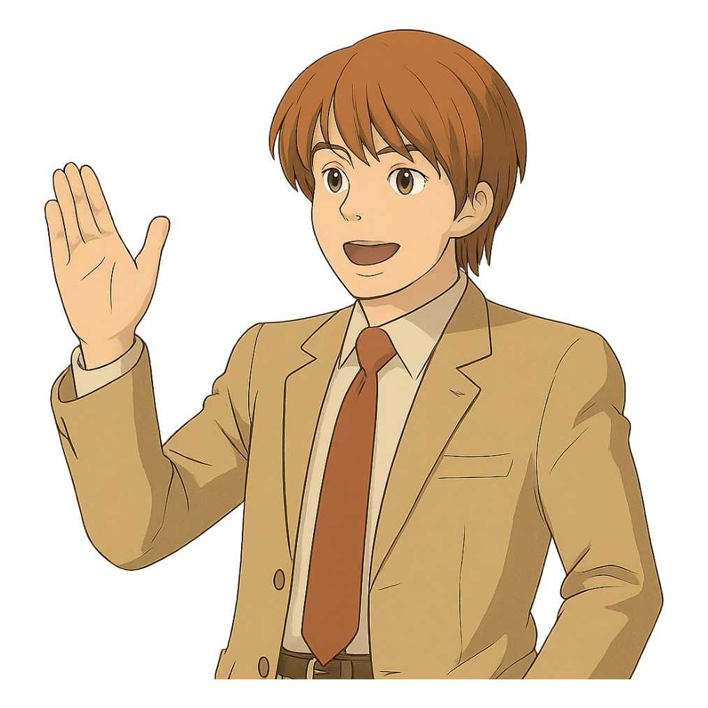 Create an exact Light Yagami in Ghibli style, standing with one hand raised as if making a point, wearing the same suit, with the same confident expression, transparent background. sticker