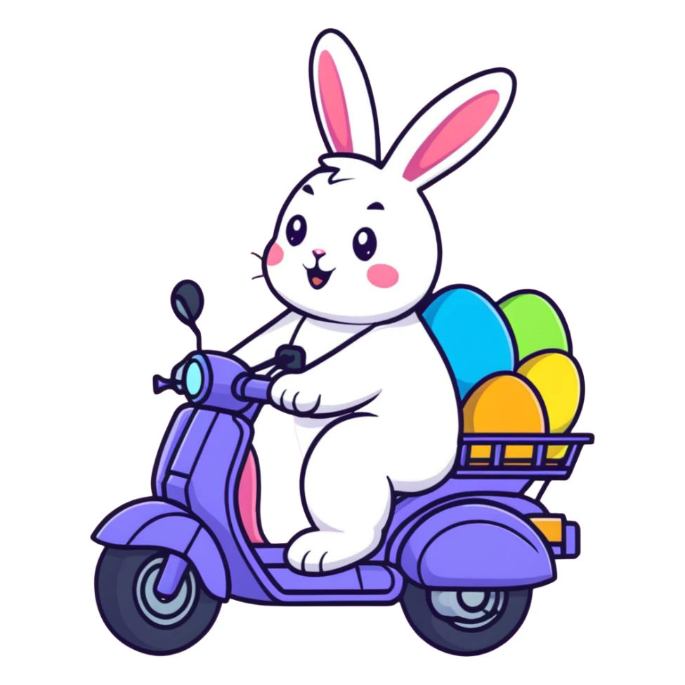 Easter bunny riding a BMW boxer motorcycle with trees and grass in the background, colorful Easter eggs hidden in the grass, and more bunnies watching from the side of the road sticker
