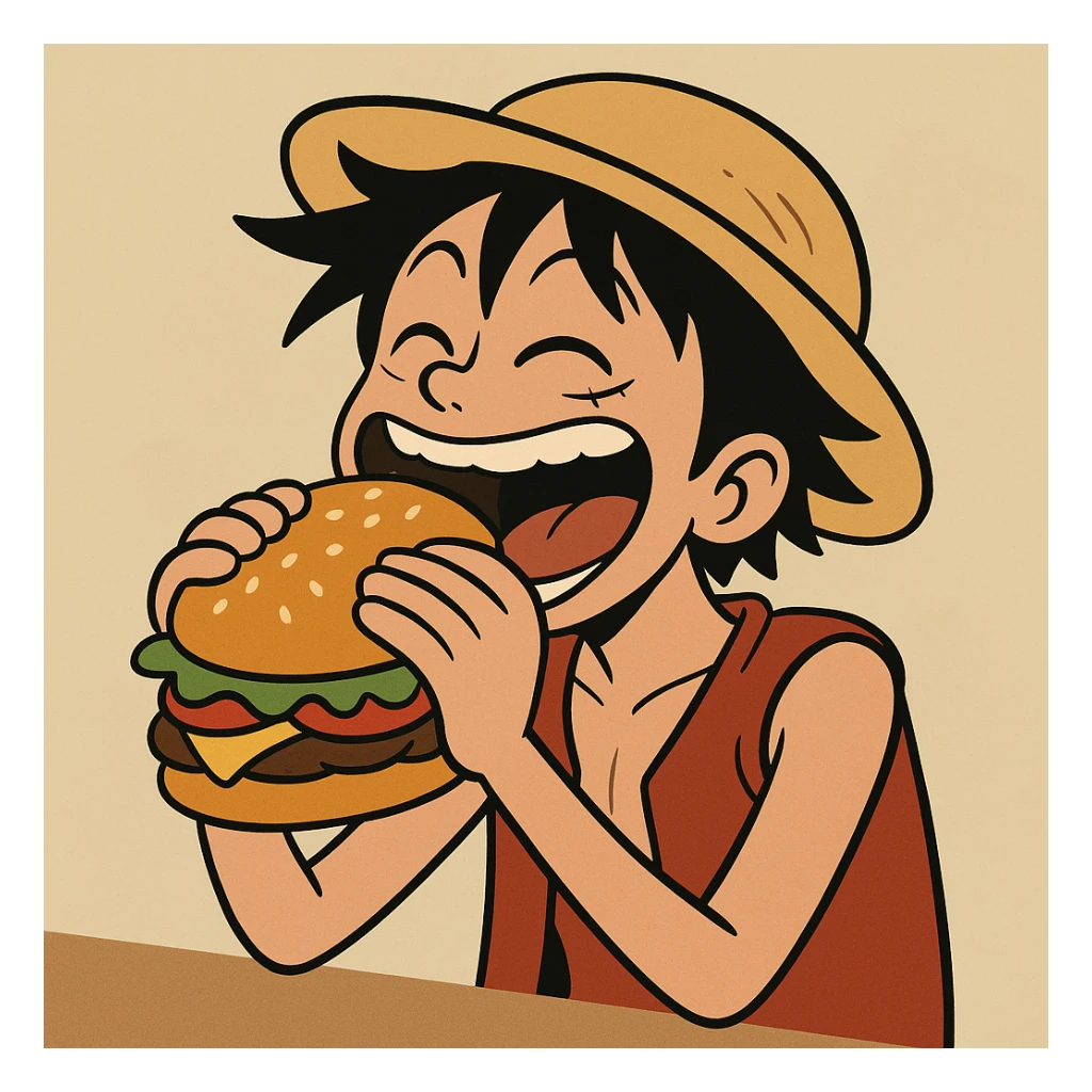 Luffy enjoying a big burger, cartoon style, fun and expressive sticker