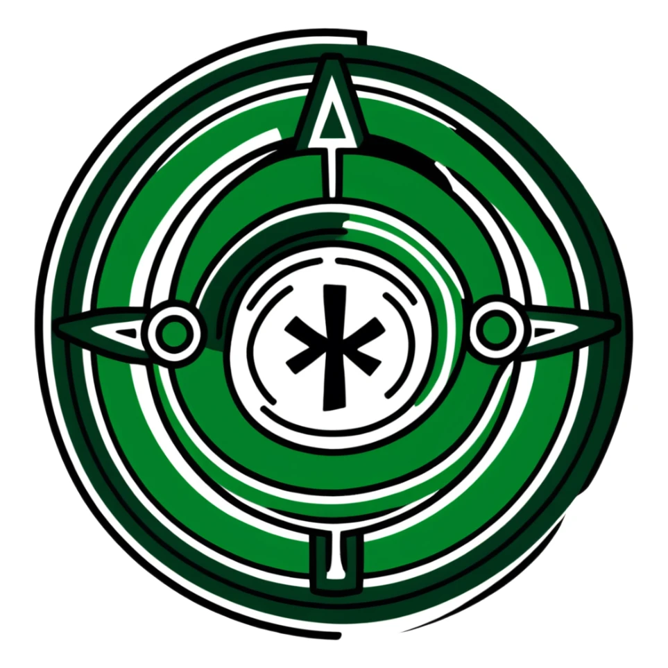Minimalist ancient Maya symbol with clean lines, predominantly white with deep green and black accents, inspired by sacred geometry sticker