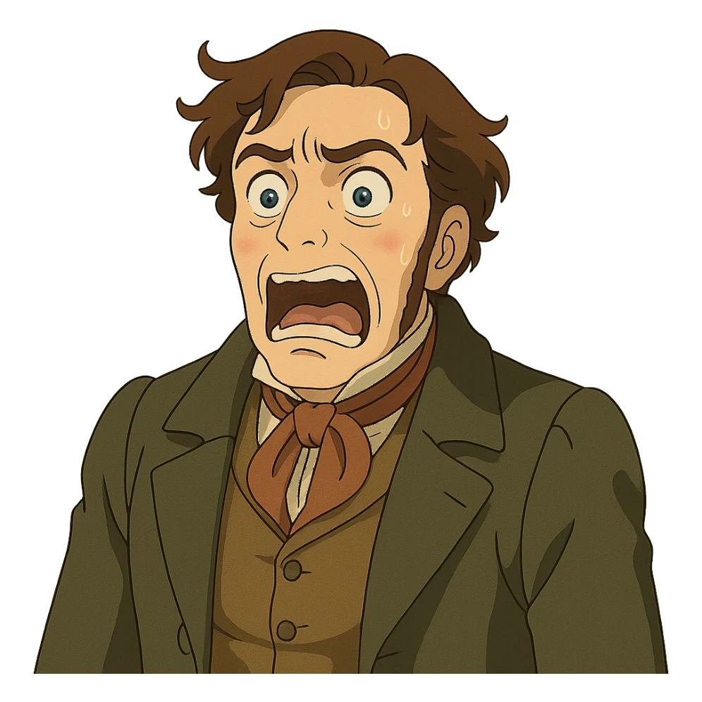 ghibli style person from the 1840s with a horrified and disgusted face sticker