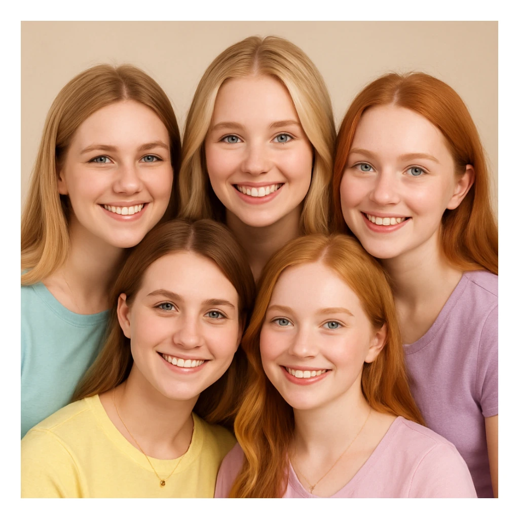 A group of five smiling girls together in a friendly pose, each with unique pastel tops and light gold jewelry. Girl 1 has long straight-wavy light golden-yellow blonde hair, light hazel eyes, pale peach skin, pastel aqua-blue top. Girl 2 has medium-short dark blonde or light brown hair, dark blue eyes, pale peachy-pink skin, pastel banana-yellow top. Girl 3 has long wavy light golden platinum blonde hair, light blue eyes, pale peachy-pink skin, pastel pink top. Girl 4 has long soft strawberry-ginger hair, green-blue eyes, pink pale skin, pastel lilac top. Girl 5 has dark golden blonde or light brown hair, dark soft green eyes, pale skin, pastel lime-mint green top. sticker