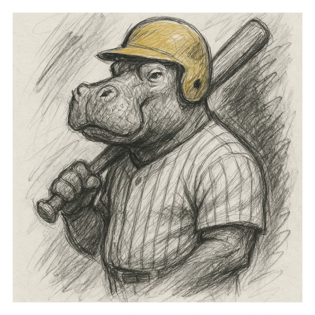 hippo holding a baseball bat, wearing a yellow helmet, pinstripes outfit sticker
