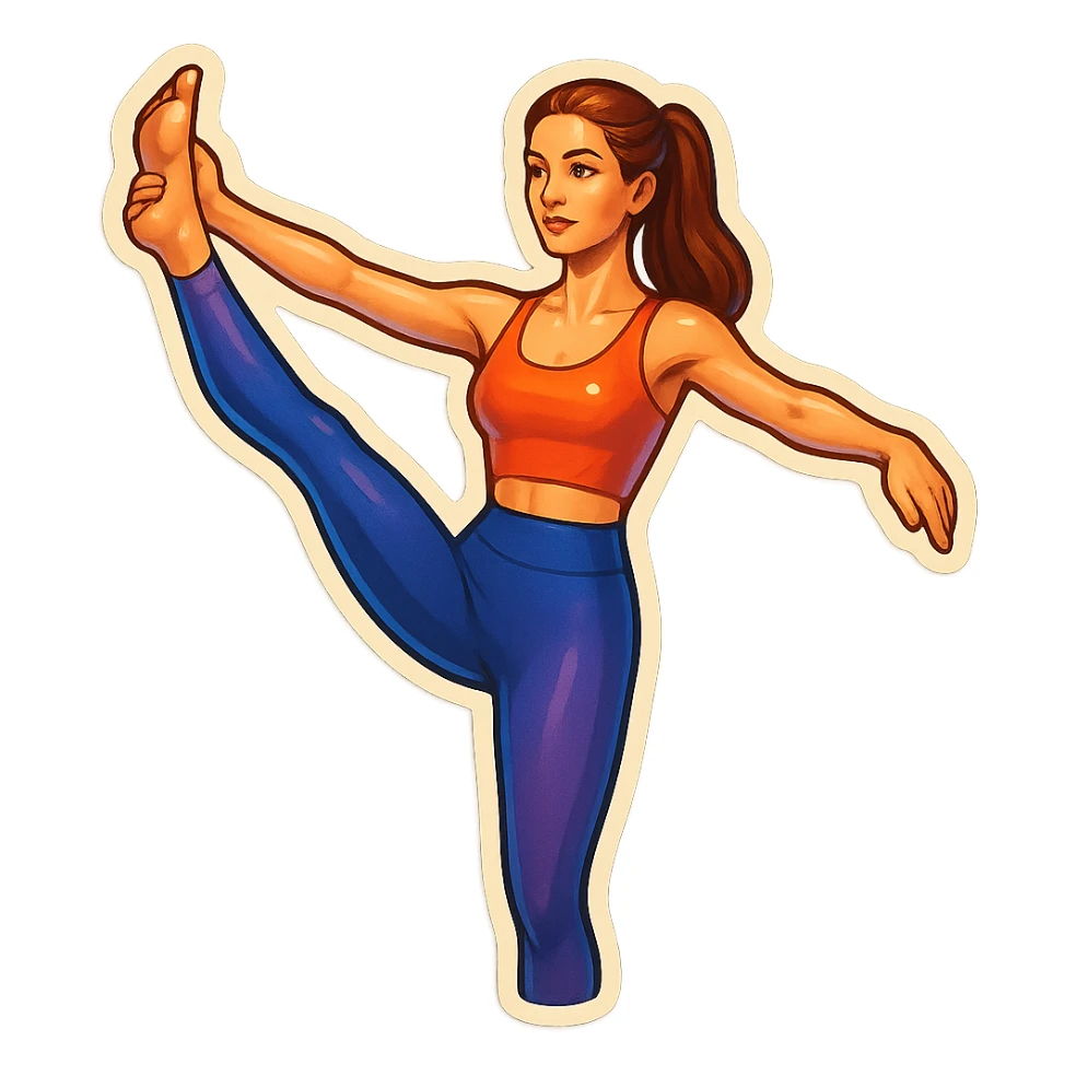 beautiful woman in a top and leggings performing one-legged balance pose (Utthita Hasta Padangusthasana), retro stickers style, detailed appearance, detailed facial features, shadows and highlights, clean contours, soft lighting, transparent background sticker