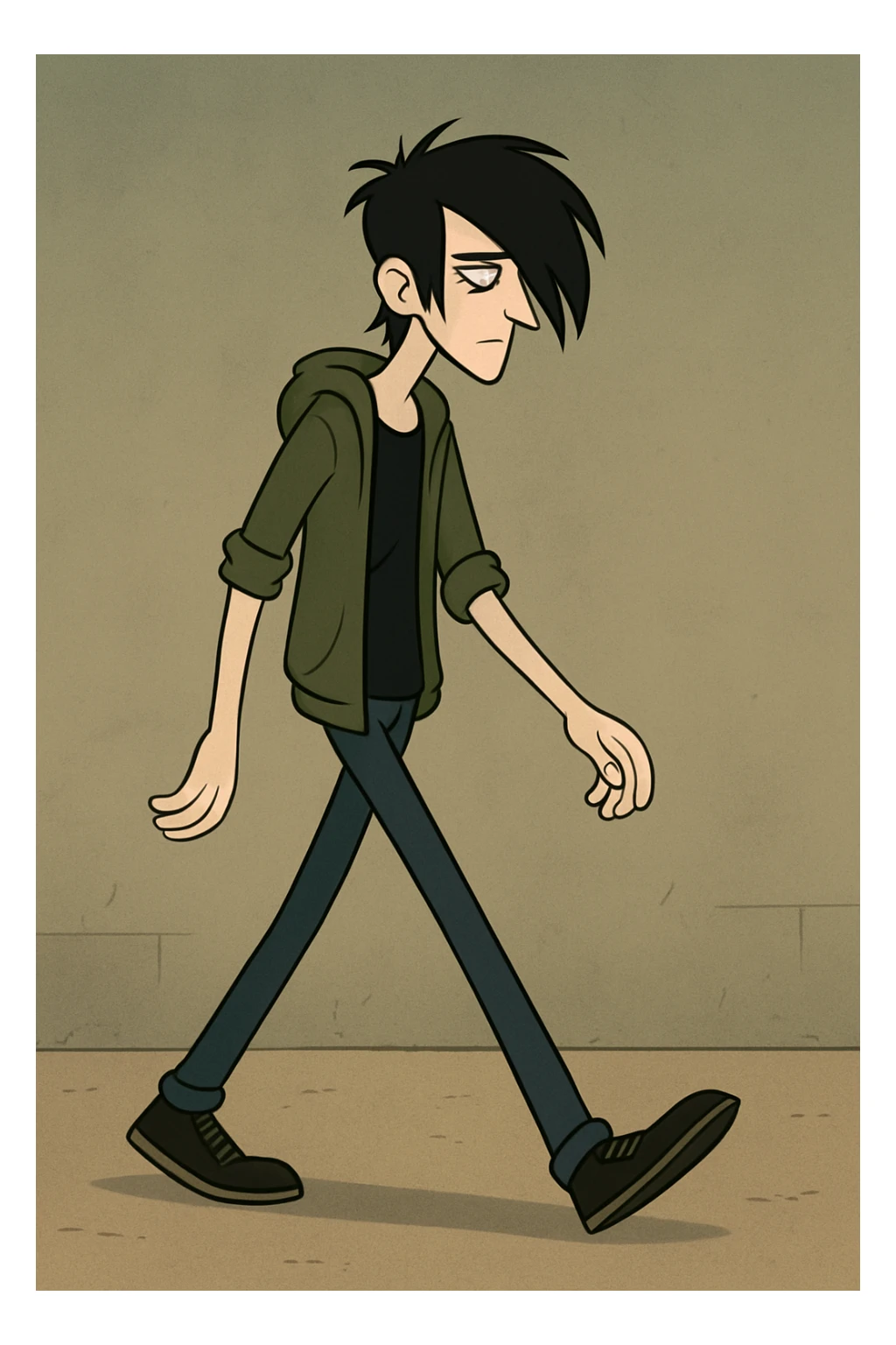 tall thin man with emo hairstyle walking in a simple neutral setting, casual clothes, stylized, flat toon style, moody vibe sticker