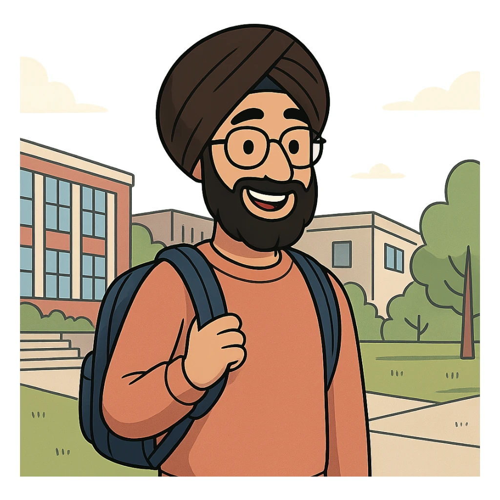 university sikh boy cartoon style with backpack glasses modern campus background smiling sticker