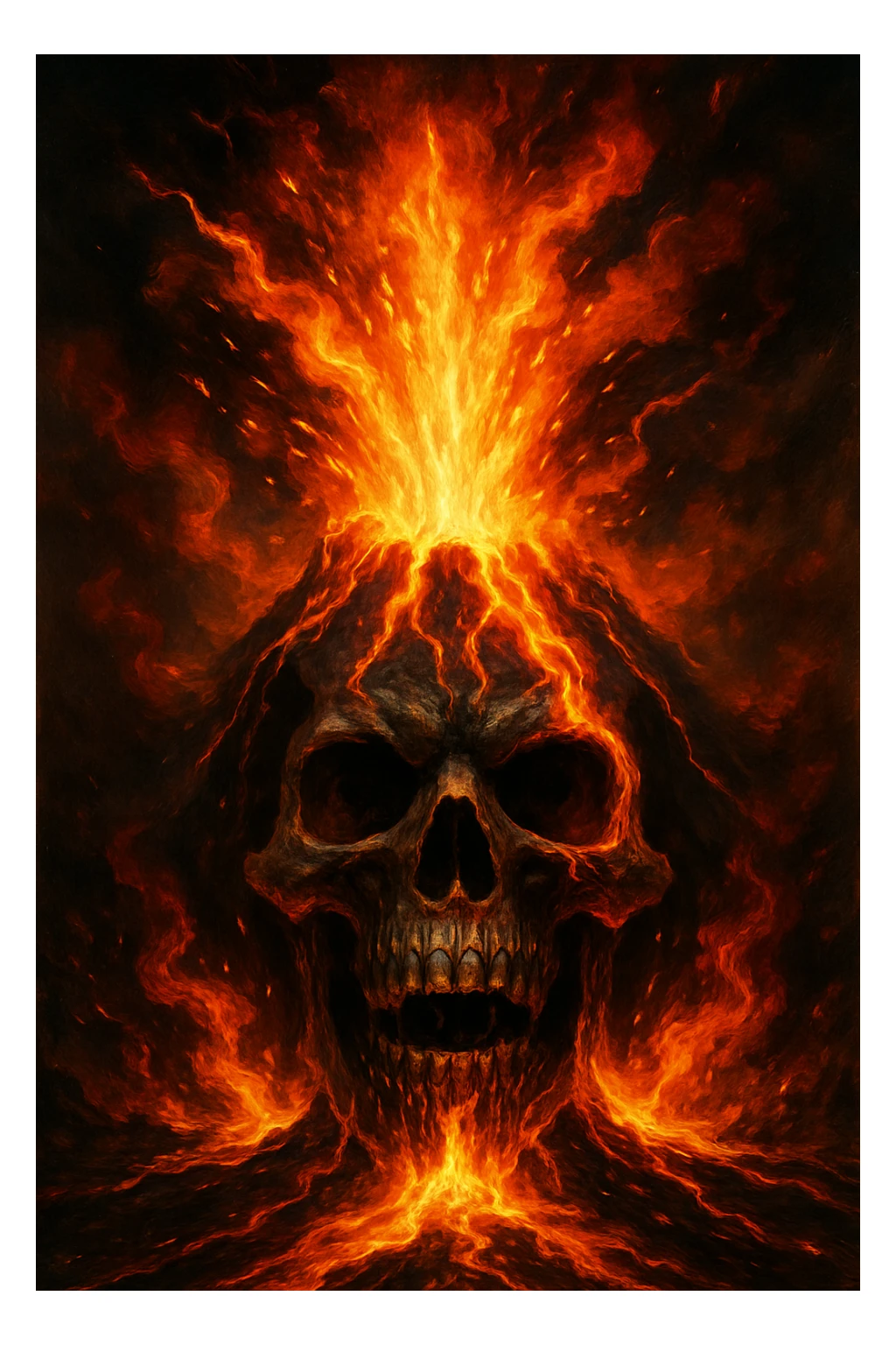 skull head erupting like a volcano, lava blasting from the top, dramatic and bold, intense volcanic eruption, fiery lava, dynamic energy sticker