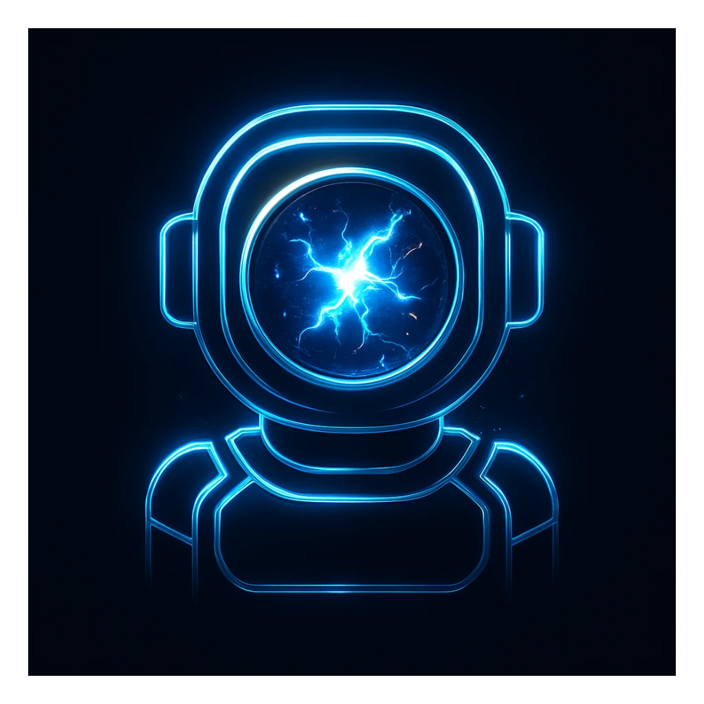Futuristic AI assistant icon, glowing core with lightning and spark effects, sleek metallic neon tech lines, premium bold style, dark background, perfect for chat UI, 1:1 aspect ratio, no text sticker
