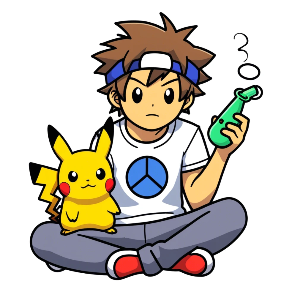 21 yo Handsome Ash Ketchum using a bong with picachu on his head sticker