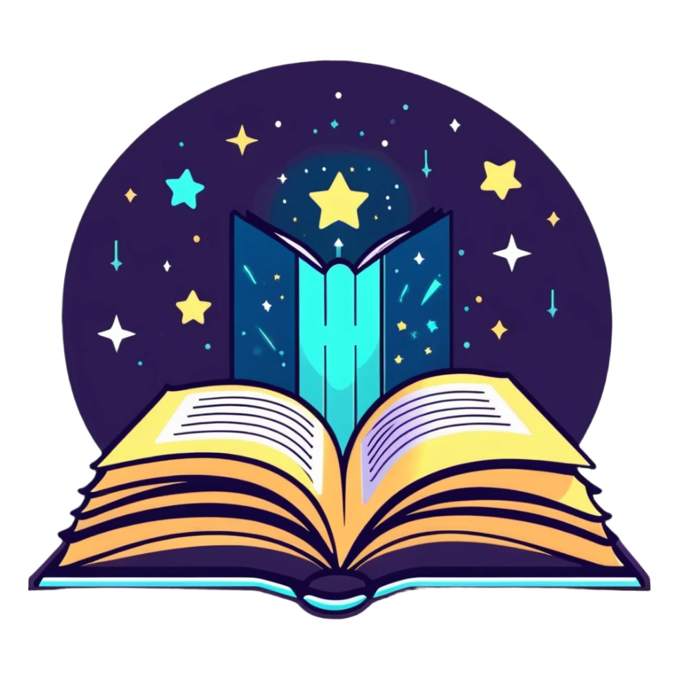 Open book with magical words and glowing sparkles floating above it sticker