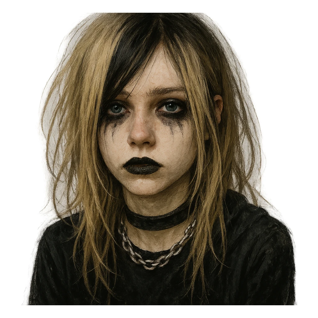 depressives Emo Mädchen, blond, blaue Augen, mit schwarzem Lippenstift, Emo-Stil, detailed, expressive, digital art sticker