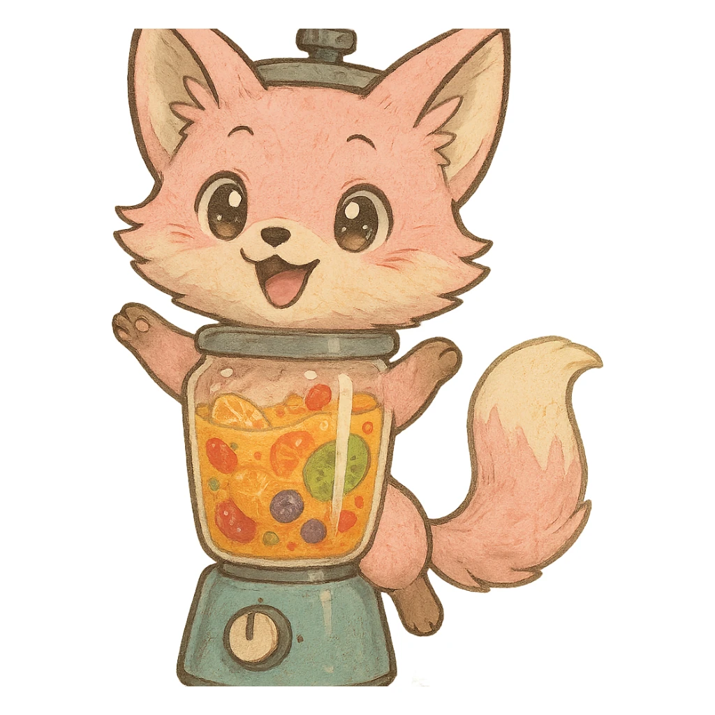 detailed Ghibli-inspired chibi fox with pastel pink fur transformed into a blender, transparent body filled with luscious multi-fruit smoothie, expressive sparkling eyes, joyful pose, full-body sticker