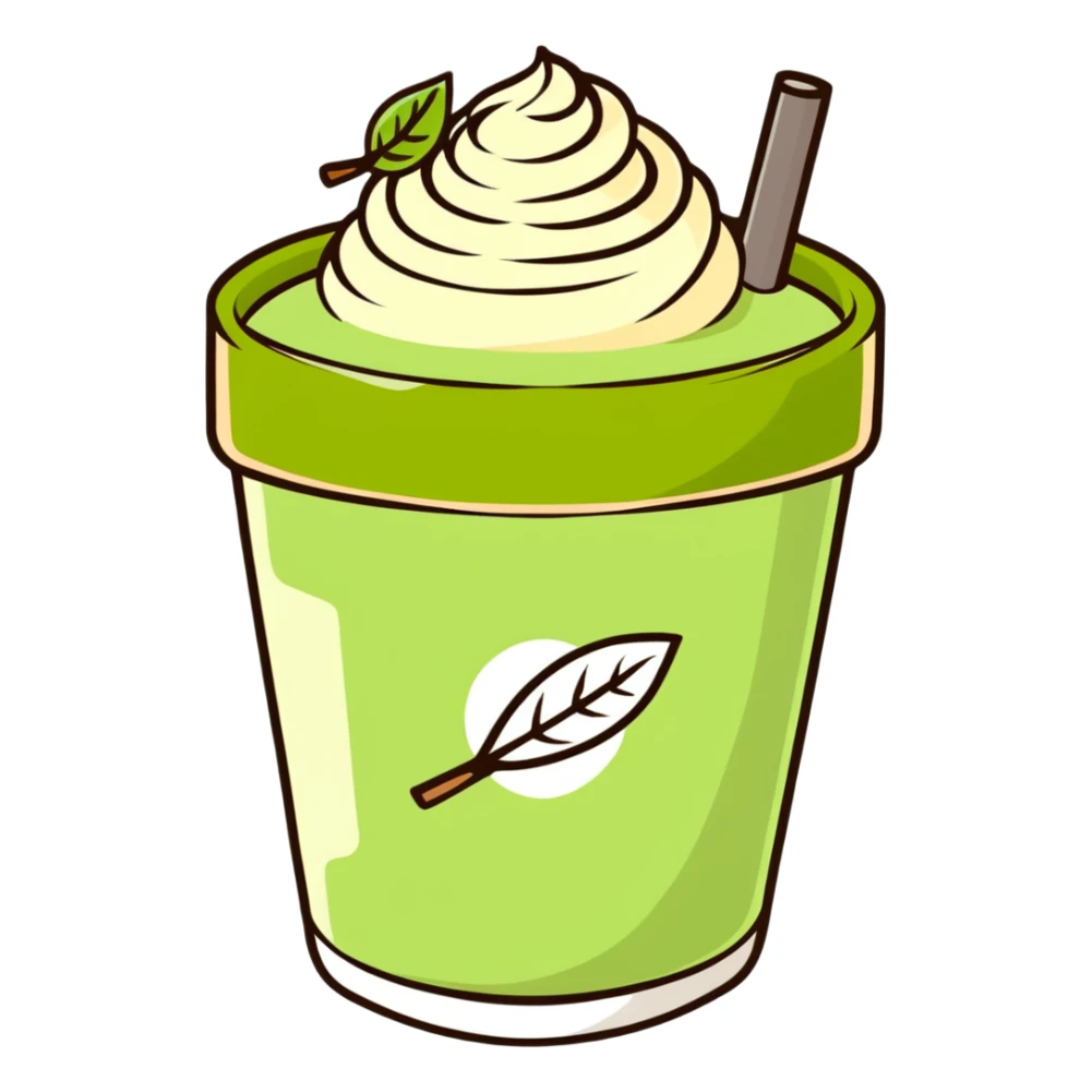 matcha latte in warm olive-brown tones with leaf detail, soft dreamy illustration sticker