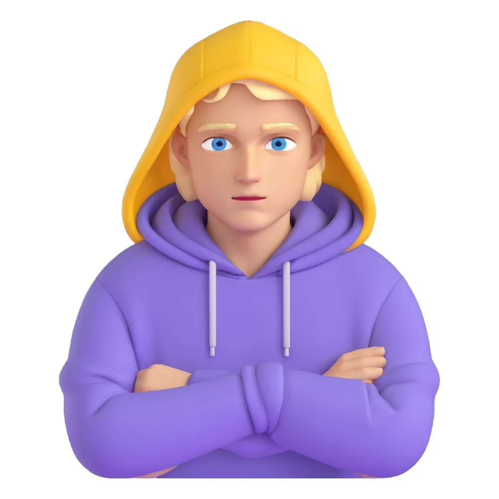 blonde man with blue eyes wearing a lilac hoodie sticker
