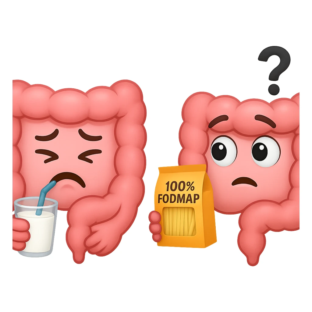 emoji stile iphone di un intestino che beve latte e ha un espressione di dolore e un intestino che guarda un pacco di pasta con la scritta "100% FODMAP" SULL'ETICHETTA CON ESPRESSIONE CONFUSA, iperrealistico 4k, isolato su sfondo bianco sticker