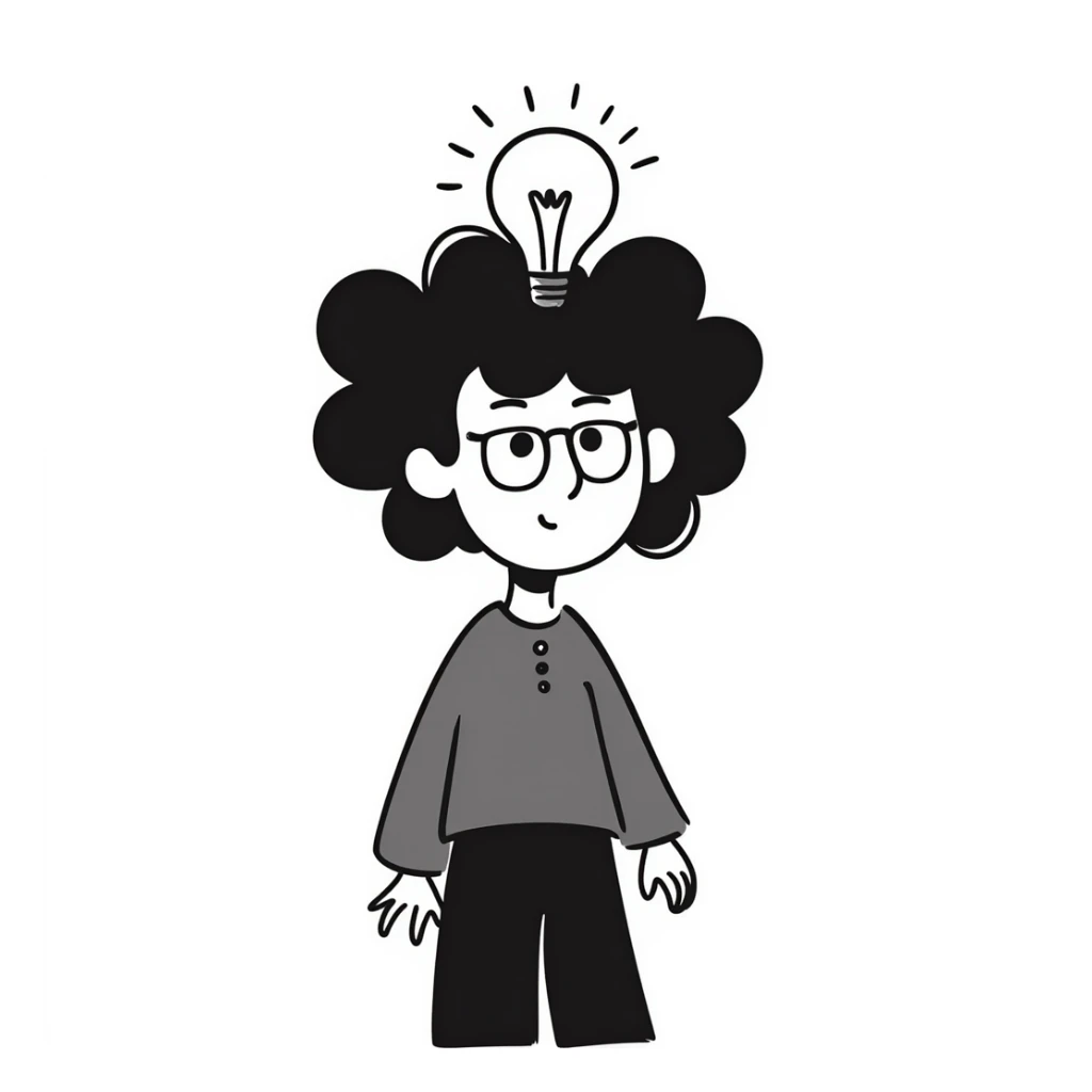 person with wild hair, glasses, and a glowing idea bulb, representing genius sticker
