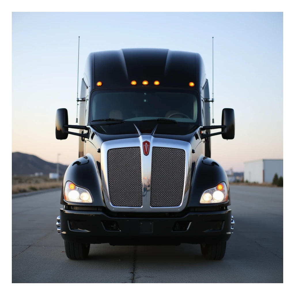 2026 Black Kenworth T680 Sleeper semi truck, front view, headlights on, realistic details, no background sticker