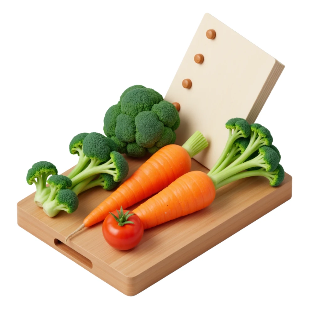 carrot tomato brocoli on the wooden cutting board with floating list  sticker