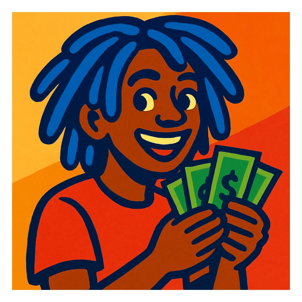 a person with blue dreadlocks holding money, vibrant and expressive style sticker