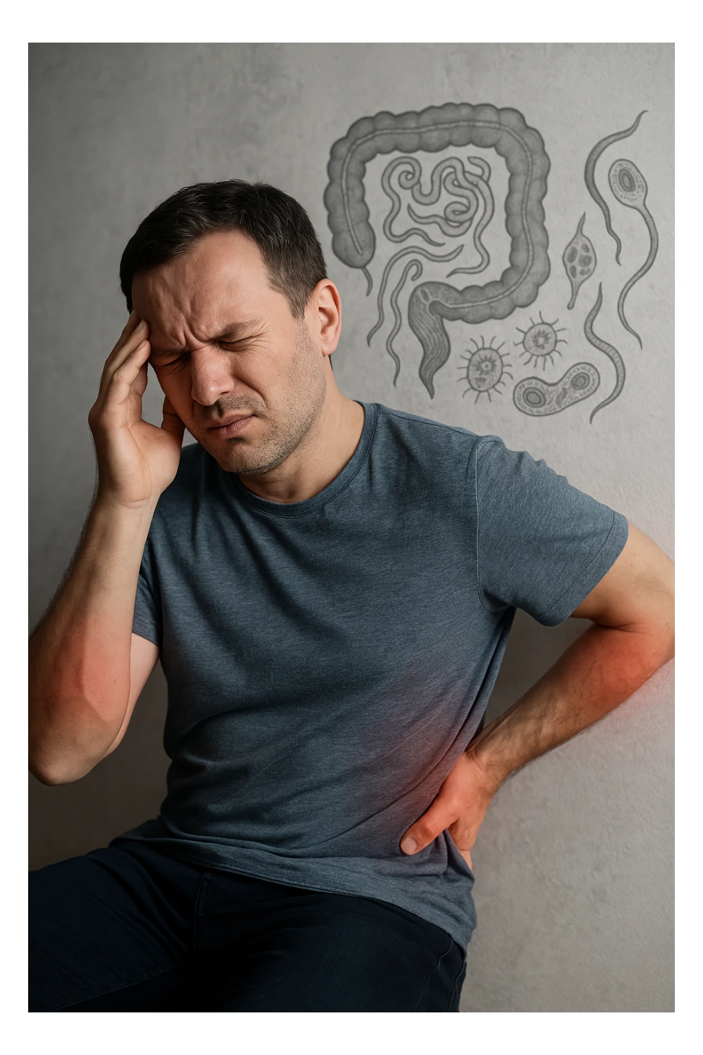 uomo che ignora i suoi un mal di testa, mal di schiena e dolore articolare e ignora ogni segnale e messaggio che il corpo manda per avvertirlo, ma alla fine dipendono tutto dai parassiti intestinali realistica sticker