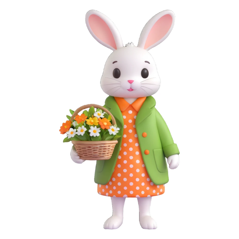 cute bunny wearing green coat and orange polka-dot dress holding bouquet of flowers and basket with egg sticker