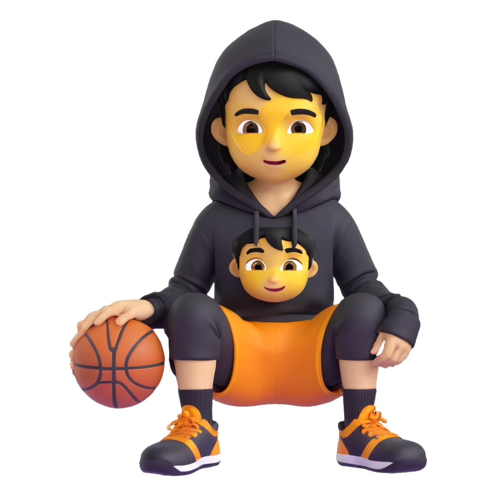 Remove any basketballs and remove his shoes, keep the boy kid sitting in a ring sitting pose, black hoodie with hood off, smirking, black crew socks, black messy hair, black basketball shorts, yellow skin, Microsoft 3D emoji style, with no background. sticker
