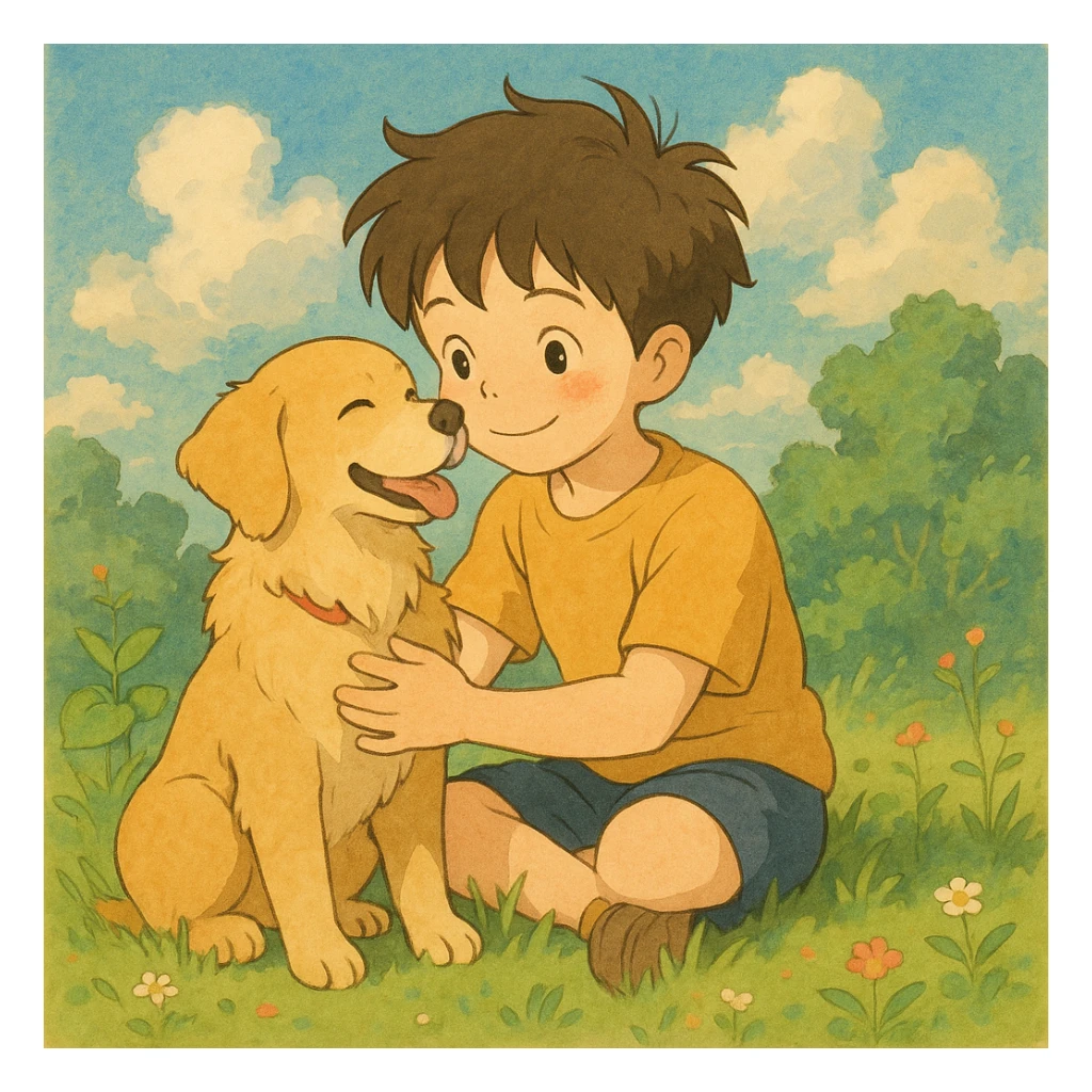 kid and his pet dog in studio ghibili style sticker