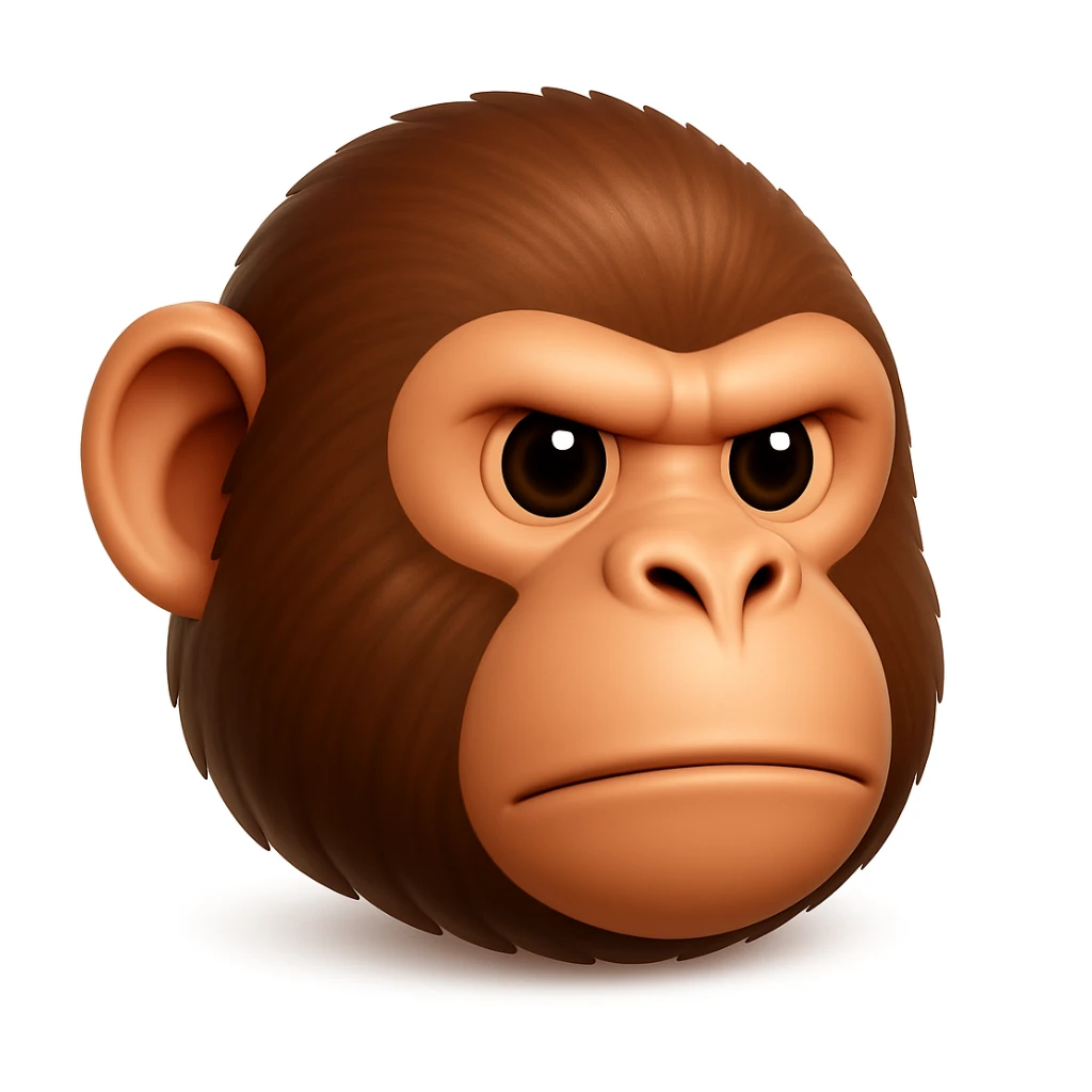 Keep the image exactly the same, just make the fur brown instead of green. iOS emoji style, 3D, shiny, smooth gradients, soft shadows, realistic chimpanzee face, classic emoji look. Add a soft shadow under the face. The style should resemble the iOS 3D emoji style with shiny and smooth gradients and soft shadows. sticker