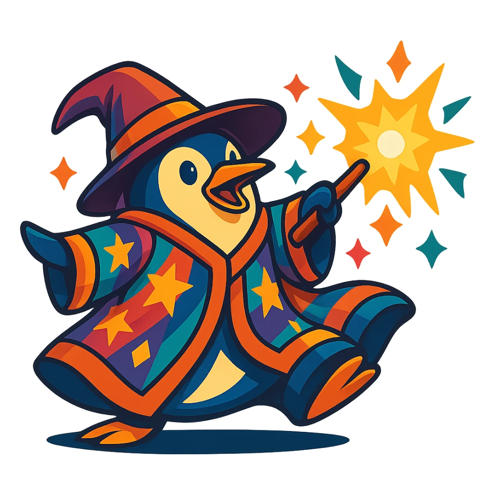 A more colorful version of the penguin wizard with vibrant colors and bright details, maintaining the original style and composition sticker