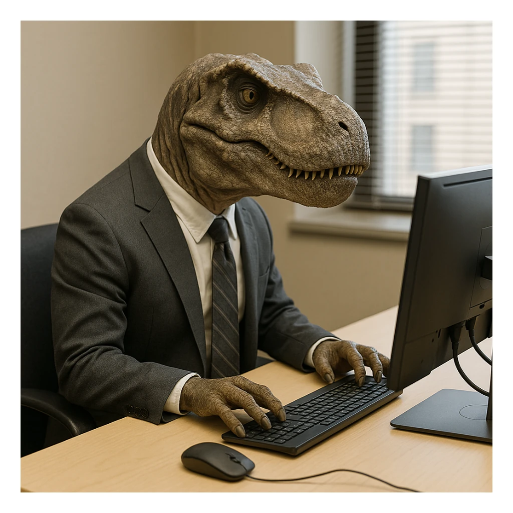 realistic dinosaur sitting on a chair, wearing a suit, using an office computer sticker