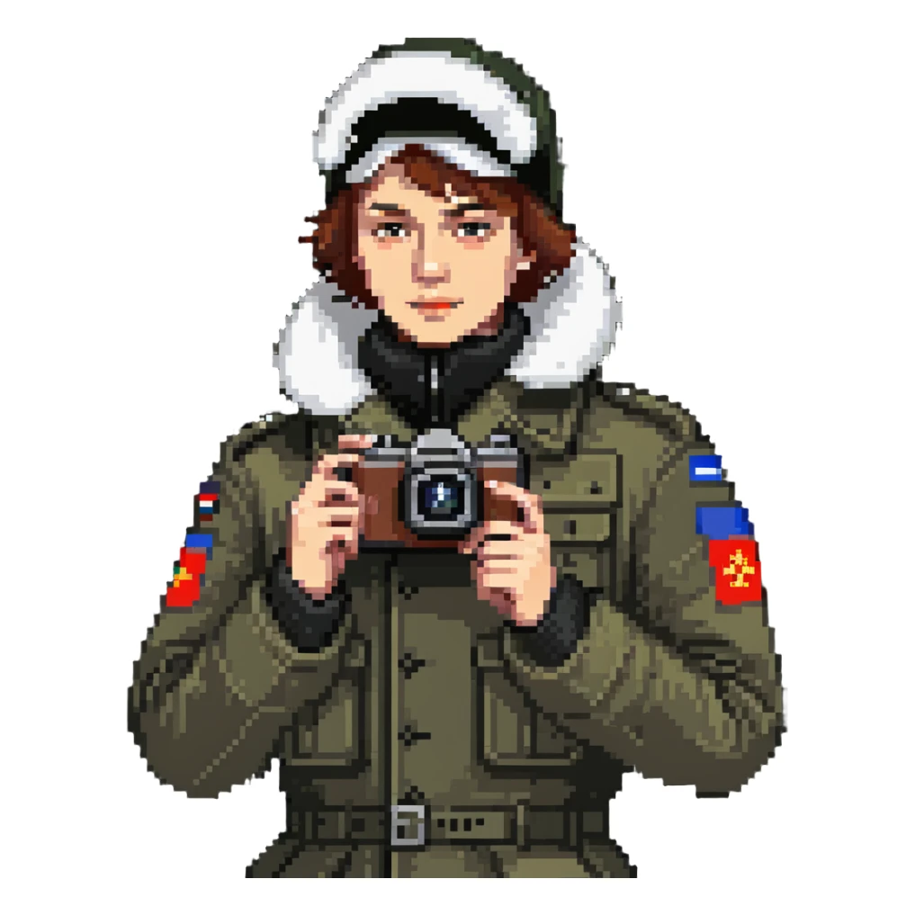 Russian army blogger in an ushanka and vatnik, with a camera or phone sticker