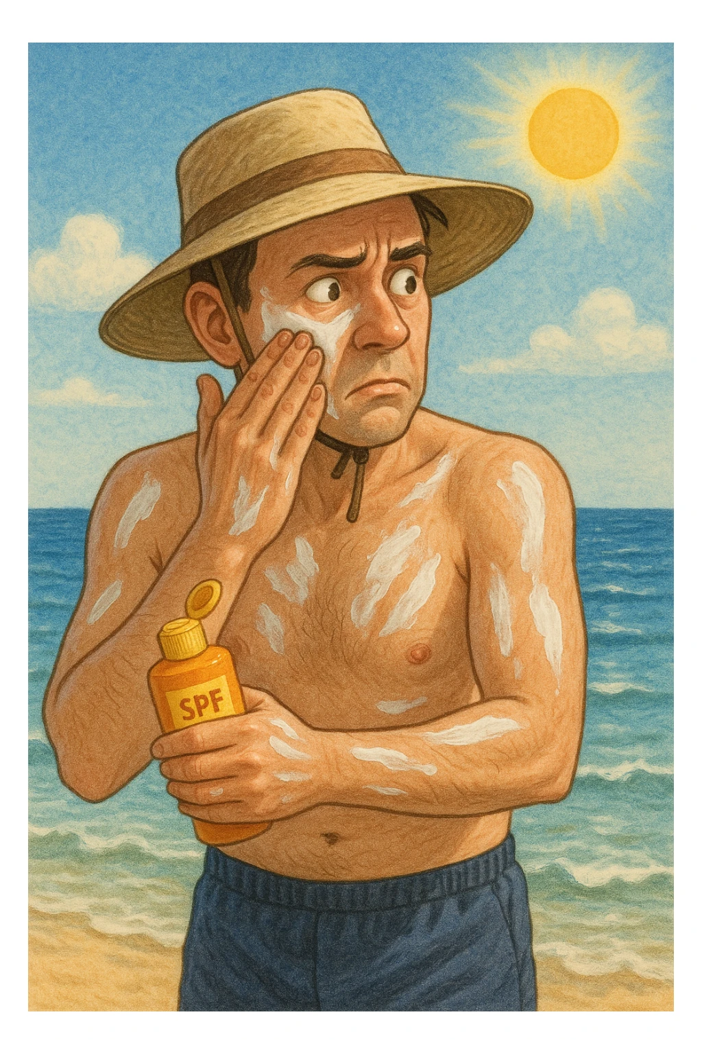uomo a mare che si mette la crema solare perchè ha paura del sole sticker