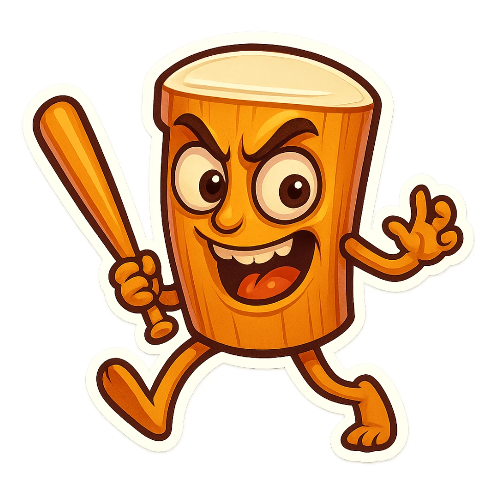 square image of absurd wooden stick-man creature, drum-like cylindrical body, holding baseball bat, cartoon style, bright vivid colors, expressive face, dynamic pose, a bit creepy yet funny,  sticker