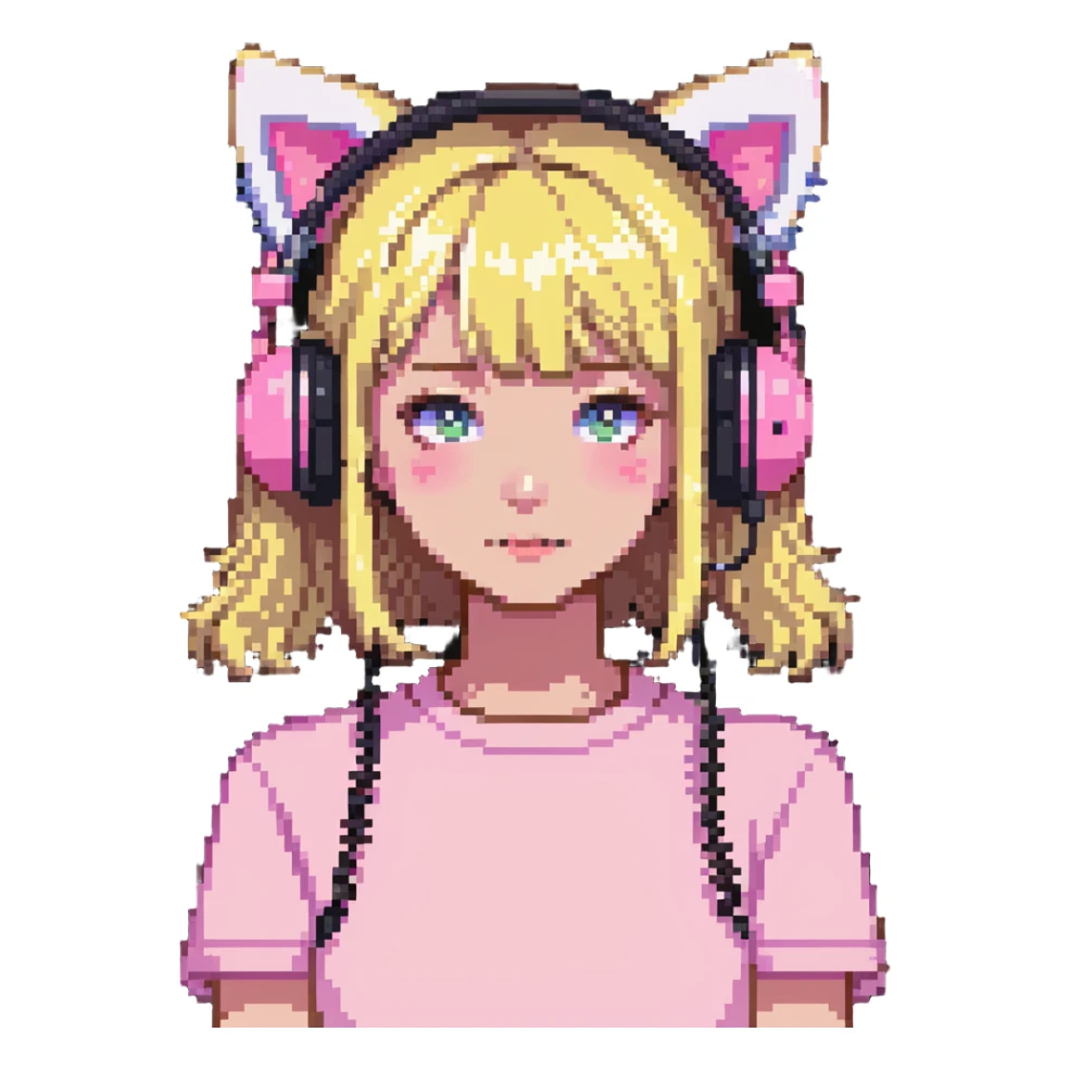 sassy blond girl with short bangs and pink kitty-ear headset sticker